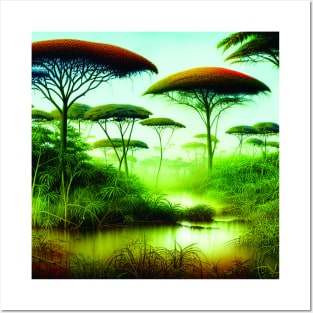 Landscape Painting with Tropical Plants and Lake, Scenery Nature Posters and Art